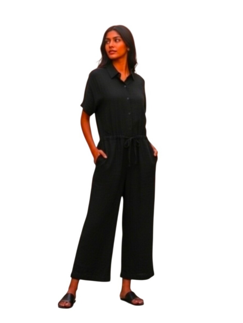 Eileen Fisher Classic Collar Short Sleeve Wide Leg Jumsuit Size XS Tall Black